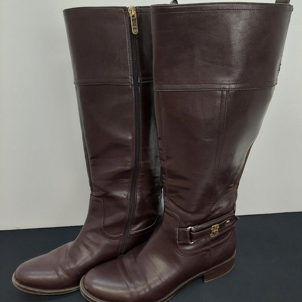 Tommy Hilfiger Women's Tall Brown‎ Leather Riding Boots Size 10M TWITINA2 Zipper